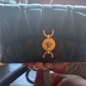 Versace Black Quilted Clutch with Gold Medusa Accent